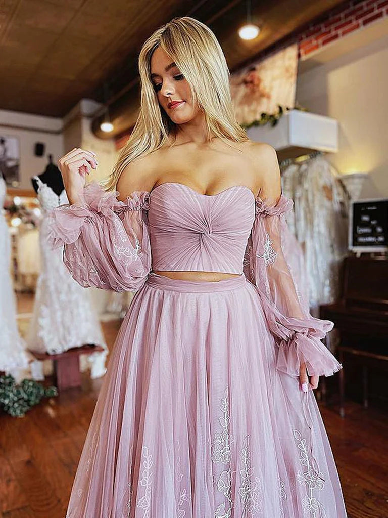 Light Purple Floral Lace Prom Dresses, A Line Tulle Formal Evening Dresses IN2005
