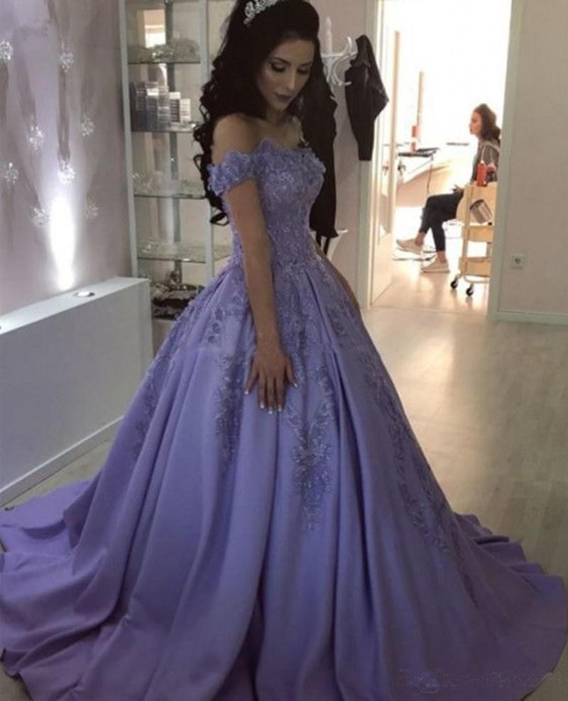 Lavender Ball Gown Off the Shoulder Lace Appliques Prom Dresses INJ66