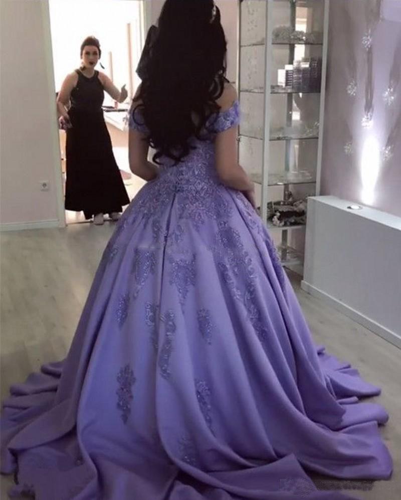 Lavender Ball Gown Off the Shoulder Lace Appliques Prom Dresses INJ66