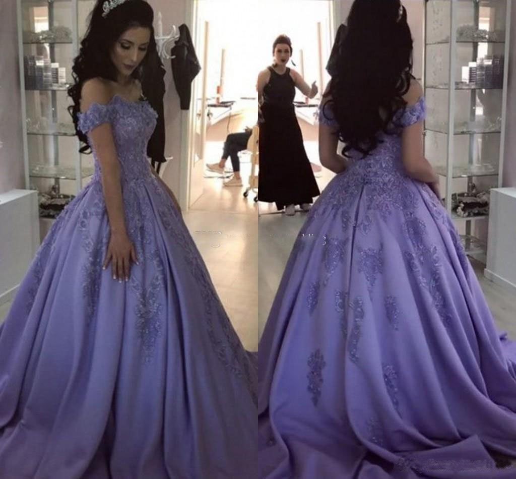 Lavender Ball Gown Off the Shoulder Lace Appliques Prom Dresses INJ66