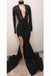 Cheap Black Deep V-neck Long Sleeve Prom Dresses Split Sexy Evening Gown INI36