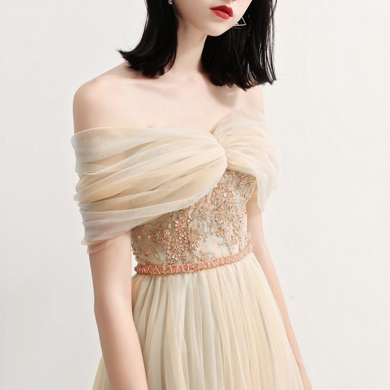Charming Off the Shoulder A Line Tulle Long Prom Dresses With Beading ING70