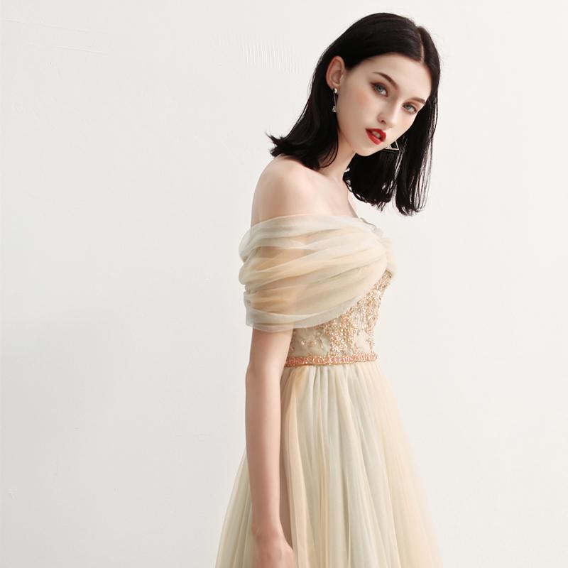 Charming Off the Shoulder A Line Tulle Long Prom Dresses With Beading ING70