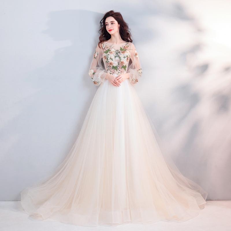 Pretty A Line Long Sleeves Tulle Appliques  Prom Dresses With Flowers ING69