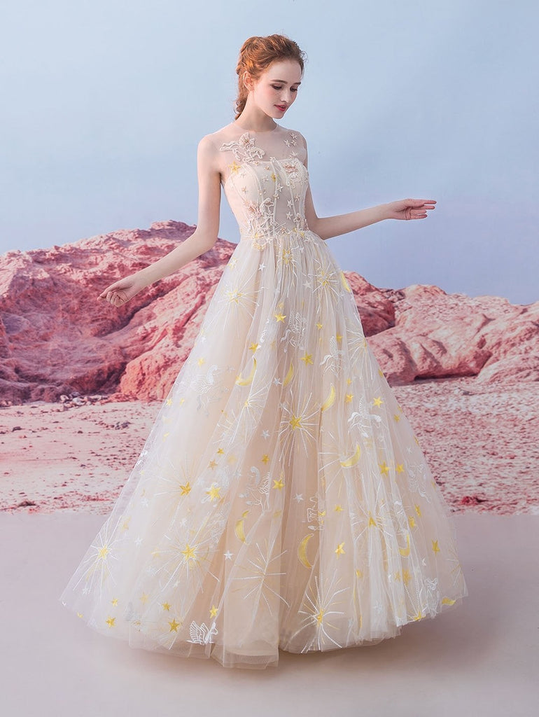 Cheap A Line Tulle Long Appliques Prom Dresses, Evening Party Dress ING71