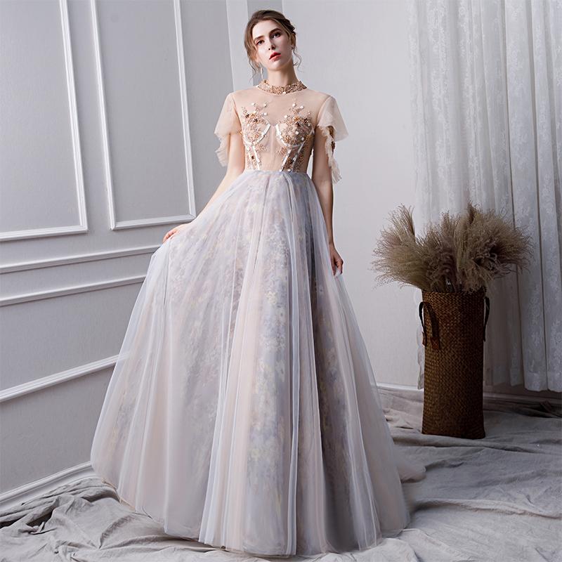 Gray A Line High Neck Short Sleeves Prom Dresses With Beads INL26