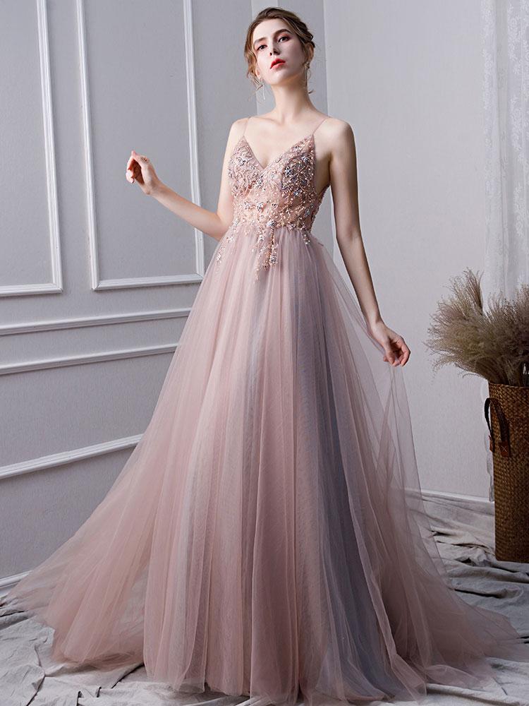 Pink A Line Spaghetti Straps Tulle Beaded Prom Dresses With Appliques INL25