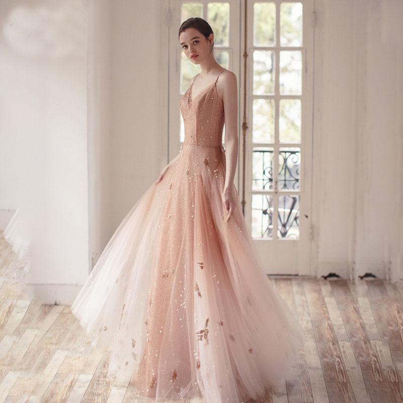 Ombre A Line Long Tulle Spaghetti Straps Prom Dresses With Beads INK60