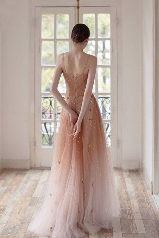 Ombre A Line Long Tulle Spaghetti Straps Prom Dresses With Beads INK60