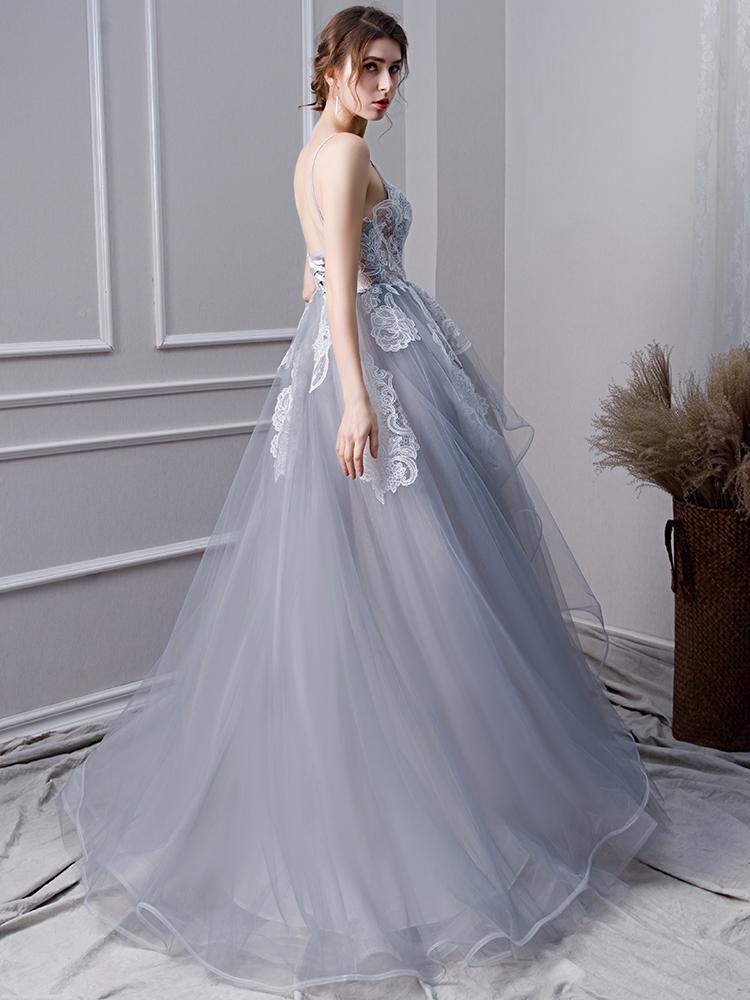 Gray A Line Long Spaghetti Straps Prom Dresses With Lace INK58