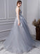 Gray A Line Long Spaghetti Straps Prom Dresses With Lace INK58