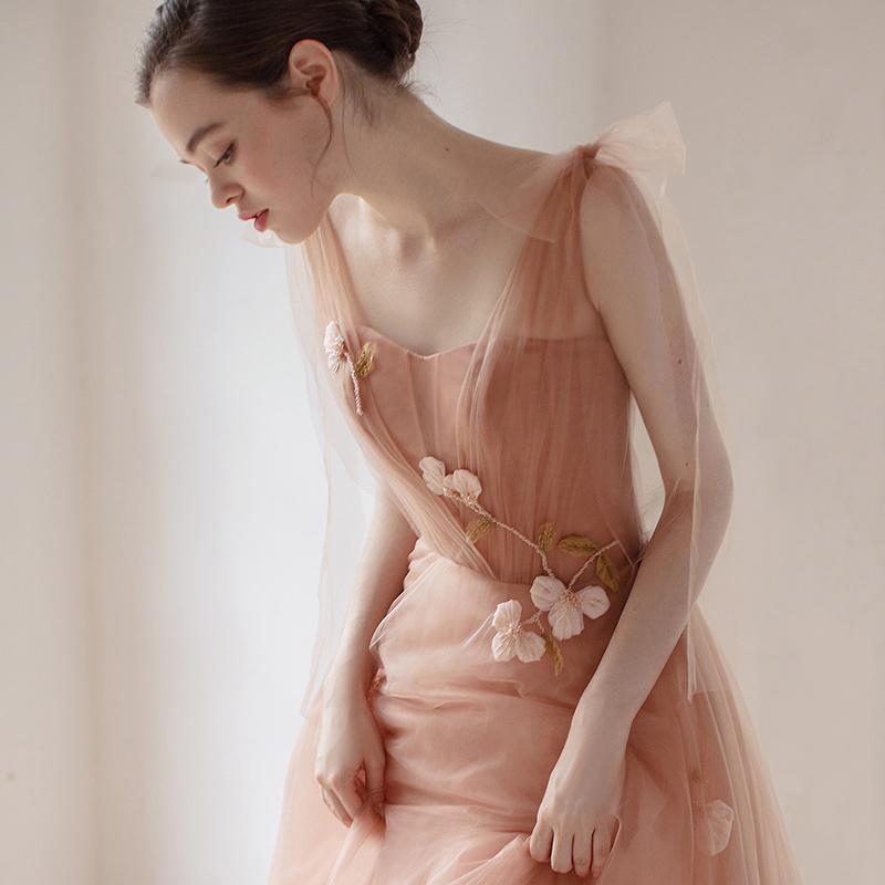 Charming A Line Long Tulle Prom Dresses With Flowers INK59