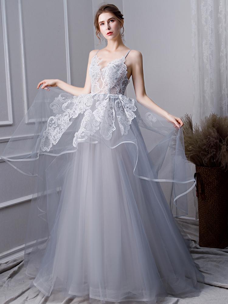Gray A Line Long Spaghetti Straps Prom Dresses With Lace INK58