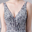 A Line V Neck Tulle Navy Blue Long Prom Dresses With Beading INL29