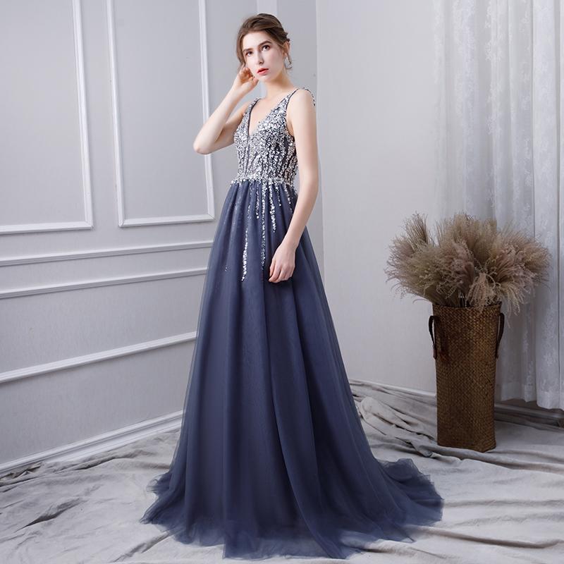 A Line V Neck Tulle Navy Blue Long Prom Dresses With Beading INL29