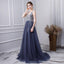 A Line V Neck Tulle Navy Blue Long Prom Dresses With Beading INL29