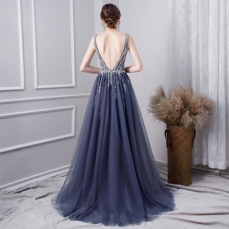 A Line V Neck Tulle Navy Blue Long Prom Dresses With Beading INL29
