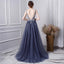 A Line V Neck Tulle Navy Blue Long Prom Dresses With Beading INL29