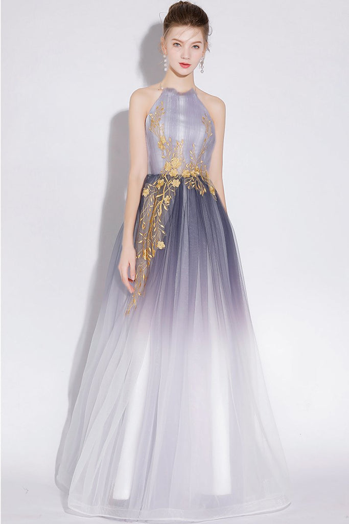 A Line Halter Tulle Long Prom Dresses With Appliques INL28