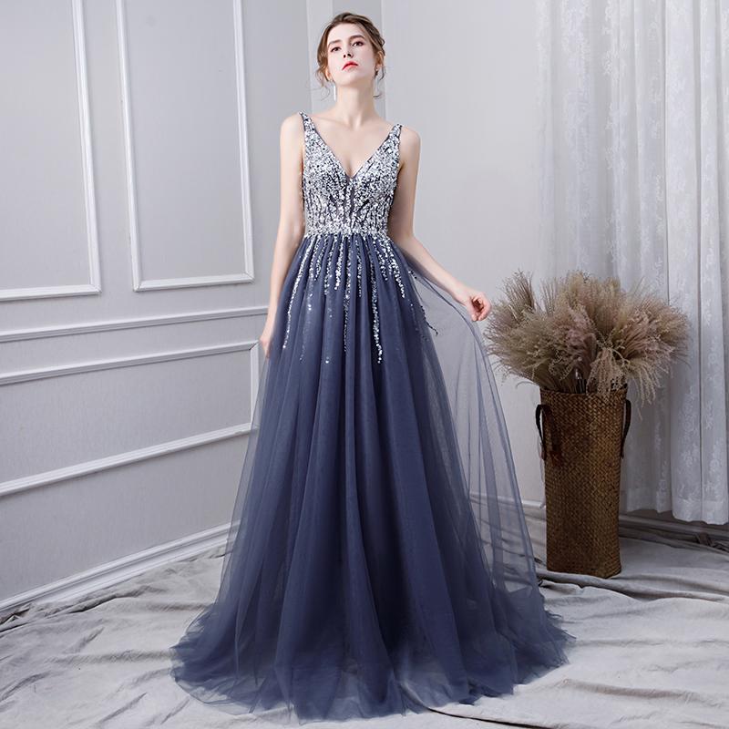 A Line V Neck Tulle Navy Blue Long Prom Dresses With Beading INL29