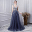 A Line V Neck Tulle Navy Blue Long Prom Dresses With Beading INL29