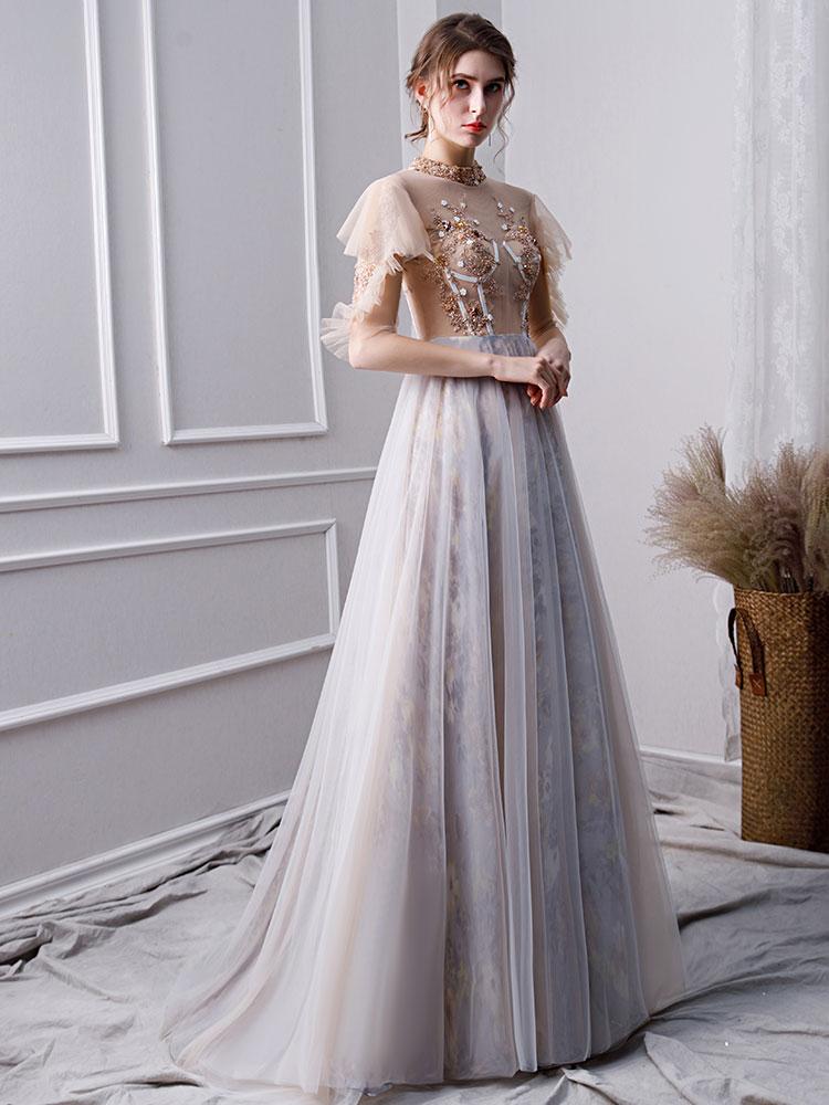 Gray A Line High Neck Short Sleeves Prom Dresses With Beads INL26