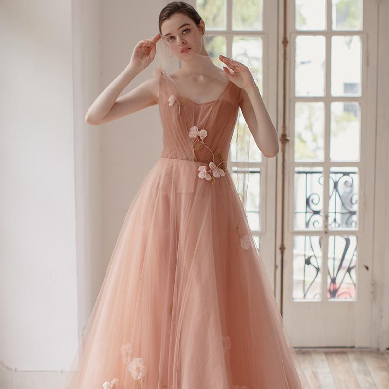 Charming A Line Long Tulle Prom Dresses With Flowers INK59