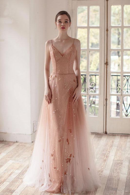 Ombre A Line Long Tulle Spaghetti Straps Prom Dresses With Beads INK60