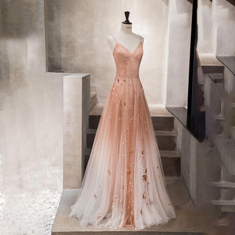 Ombre A Line Long Tulle Spaghetti Straps Prom Dresses With Beads INK60
