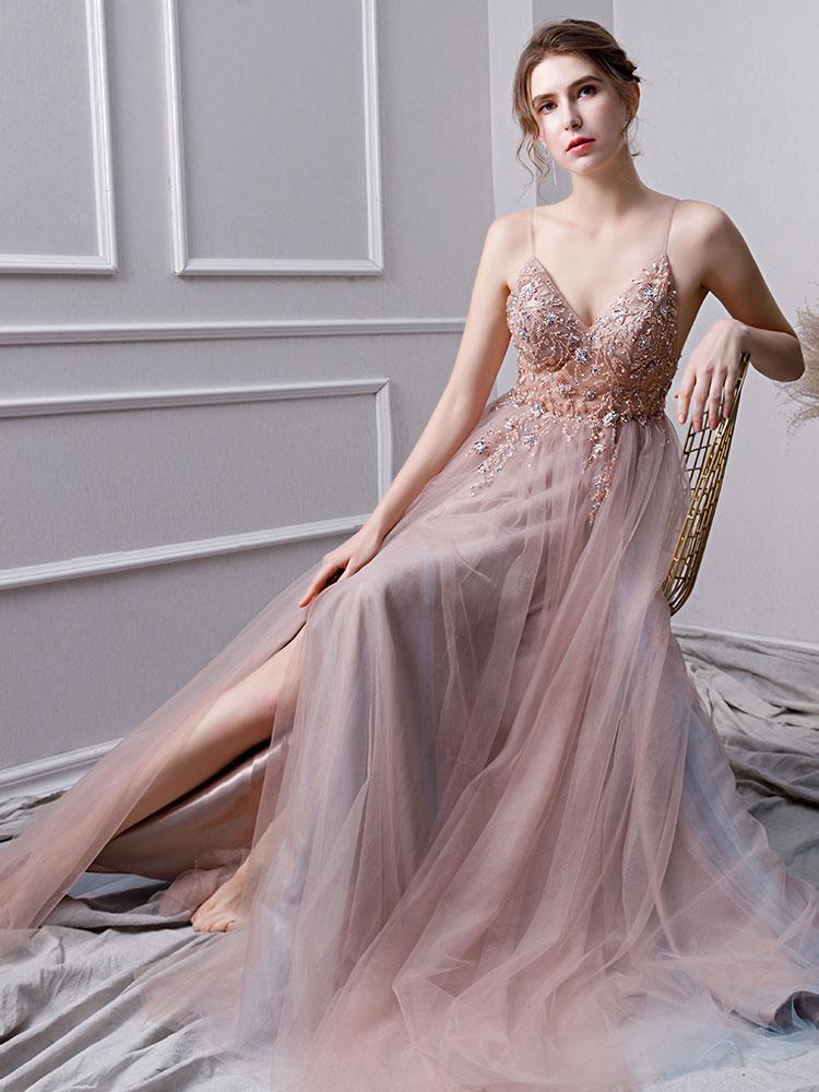 Pink A Line Spaghetti Straps Tulle Beaded Prom Dresses With Appliques INL25