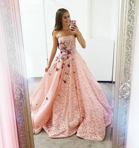 Strapless Pink Lace Long Ball Gown with Floral Embroidery Cheap Prom Dresses INJ33