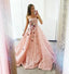 Strapless Pink Lace Long Ball Gown with Floral Embroidery Cheap Prom Dresses INJ33