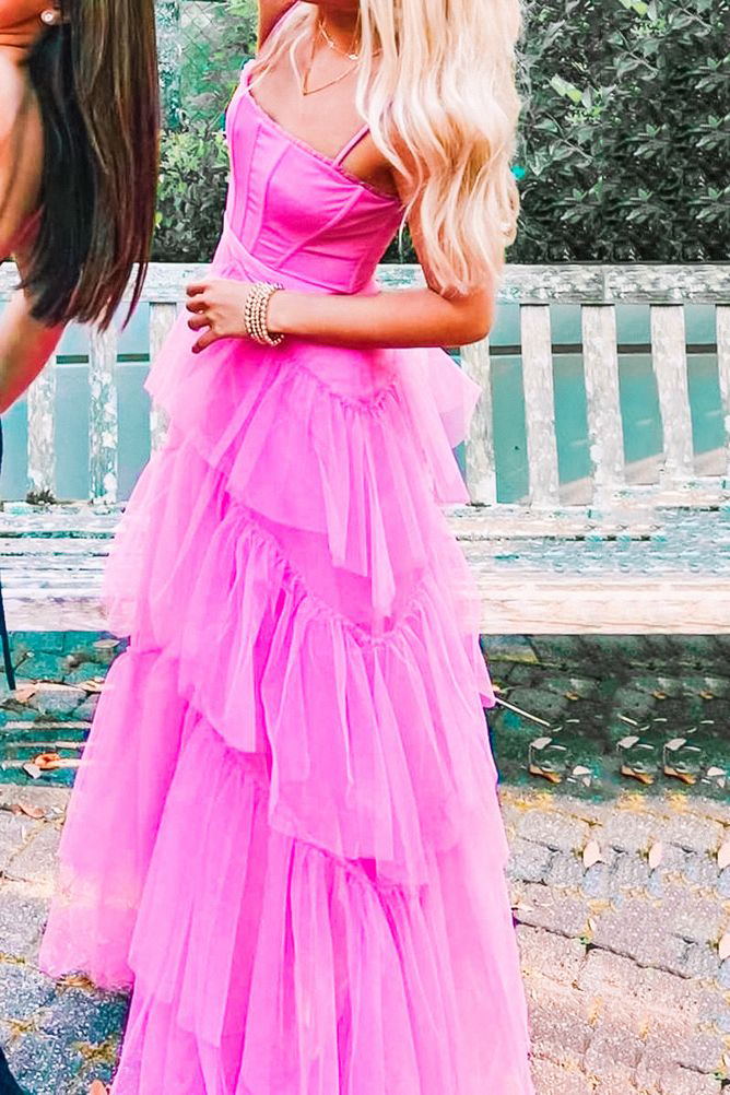 Hot Pink A Line Tulle Long Prom Dress Layered Ruffles Formal Evening Gown INDP1