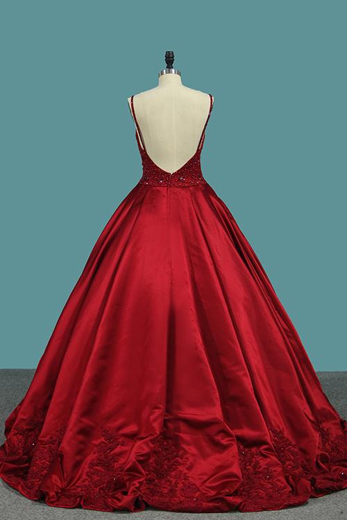 Burgundy Spaghetti Straps Beading Prom Dresses, Princess Ball Gown INJ7