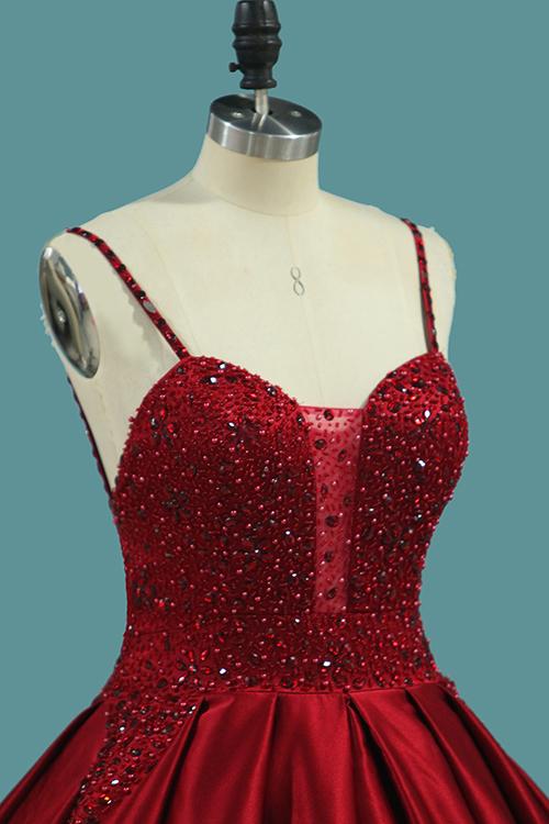 Burgundy Spaghetti Straps Beading Prom Dresses, Princess Ball Gown INJ7