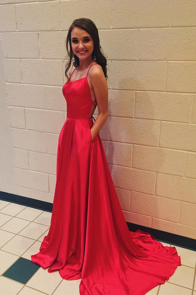Red Spaghetti Strap Prom Dress with Pockets Sexy Long Split Party Dresses INJ87