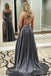 Grey Spaghetti Strap A Line Prom Dress Sexy Long Split Evening Dresses INJ88