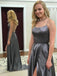Grey Spaghetti Strap A Line Prom Dress Sexy Long Split Evening Dresses INJ88