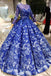 Royal Blue Long Sleeves Lace Prom Dresses,Ball Gown Quinceanera Dresses INK6