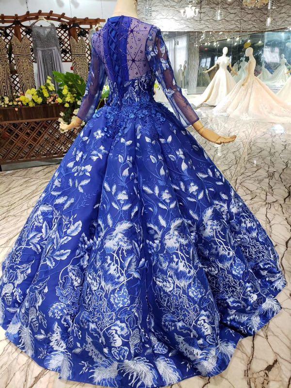 Royal Blue Long Sleeves Lace Prom Dresses,Ball Gown Quinceanera Dresses INK6