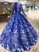 Royal Blue Long Sleeves Lace Prom Dresses,Ball Gown Quinceanera Dresses INK6
