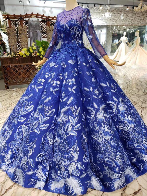Royal Blue Long Sleeves Lace Prom Dresses,Ball Gown Quinceanera Dresses INK6