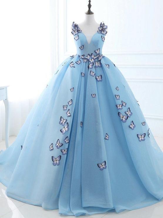 Ball Gown Long Sky Blue Butterfly V Neck Prom Dress,Quinceanera Dresses INE79