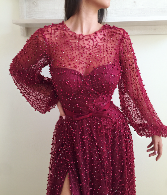 Cheap A Line Burgundy Long Sleeve Vintage Split Prom Dress INE95