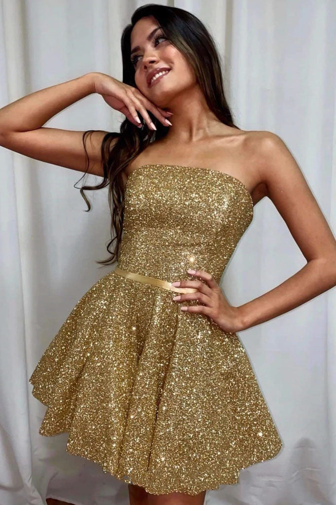 Shiny Strapless Open Back Golden Short Prom Homecoming Dress