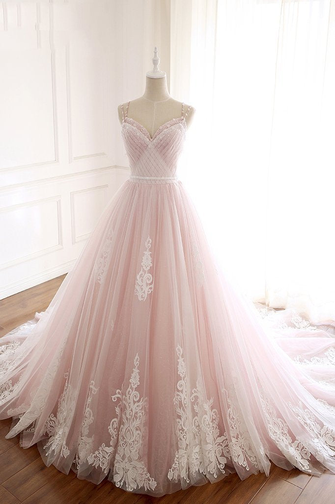 Pink Tulle Prom Dress with Lace Appliques, A Line Formal Evening Party Dresses INJ50