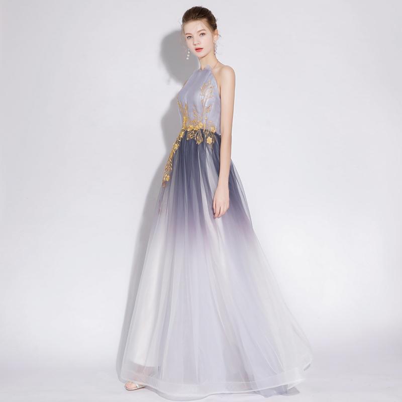 A Line Halter Tulle Long Prom Dresses With Appliques INL28