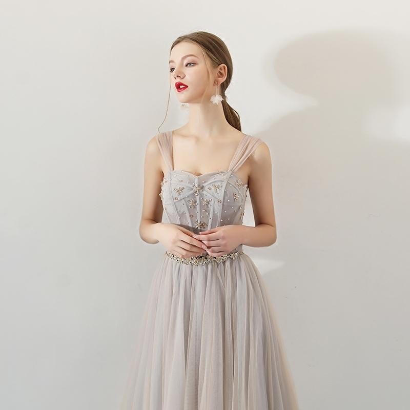 A Line Tulle Long Straps Lace Up Back Beaded Prom Dresses,Evening Dress ING73
