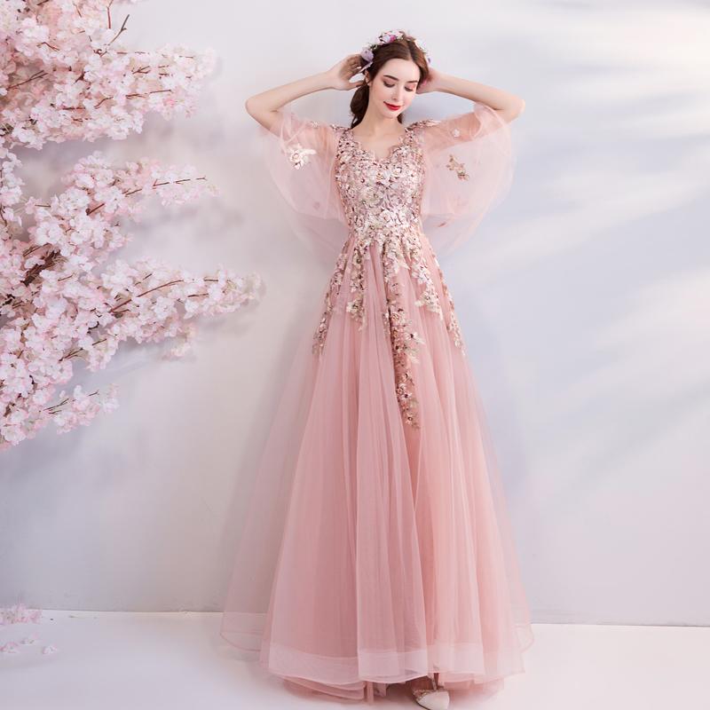 Princess A Line Pink Long Tulle Appliques V Neck Prom Dresses ING68
