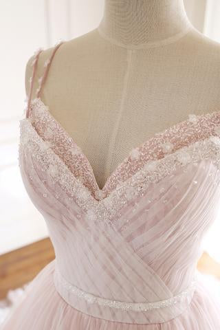 Pink Tulle Prom Dress with Lace Appliques, A Line Formal Evening Party Dresses INJ50